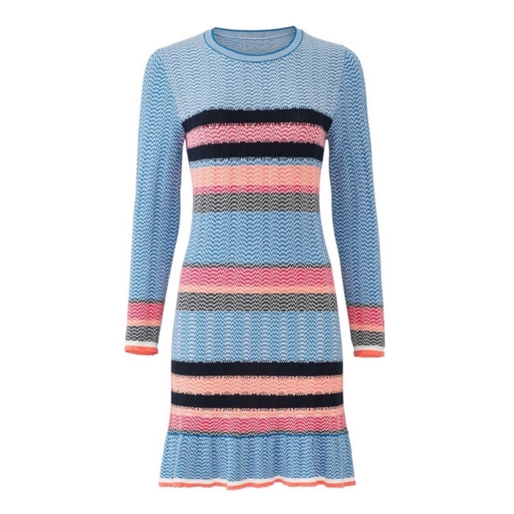 Tanya Taylor || Beta Stripe Knit Dress Long Sleeve Flounce Blue XS
